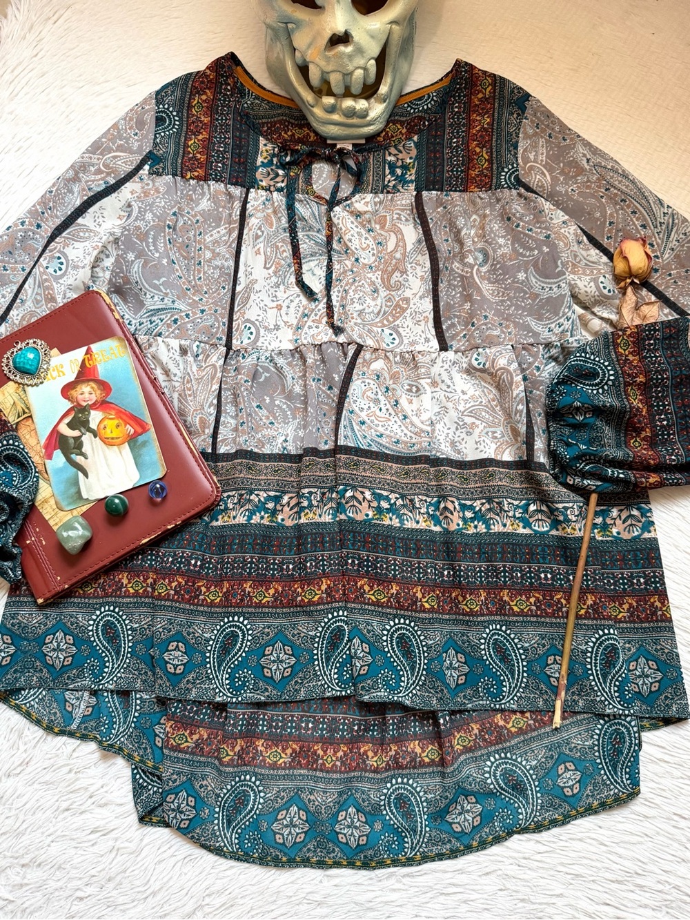 Knox Rose Teal and Cream Paisley print boho Tunic blouse - Picture 10 of 17